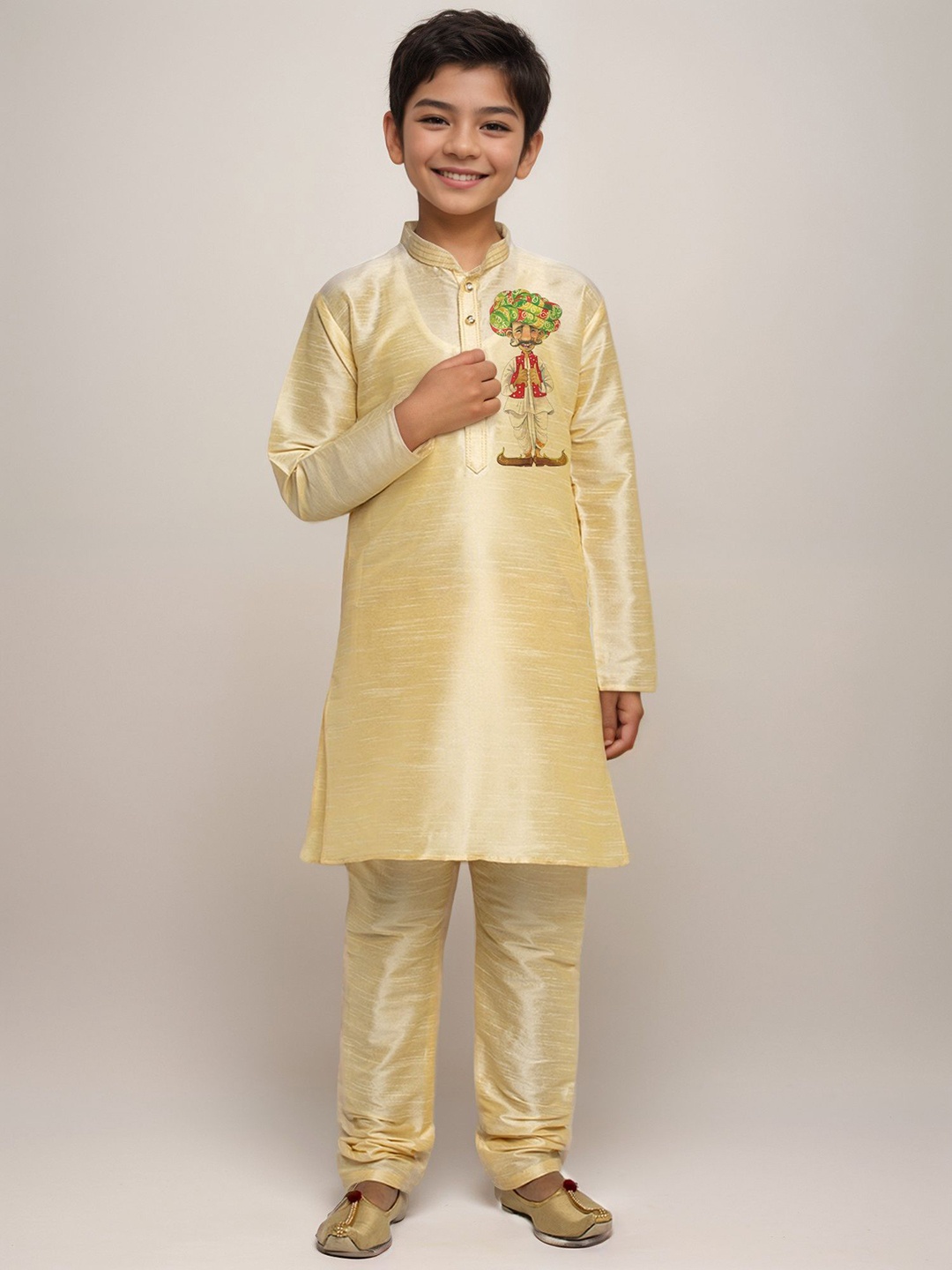 

DEVOILER Boys Quirky Printed Mandarin Collar Dupion Silk Straight Kurta, Beige