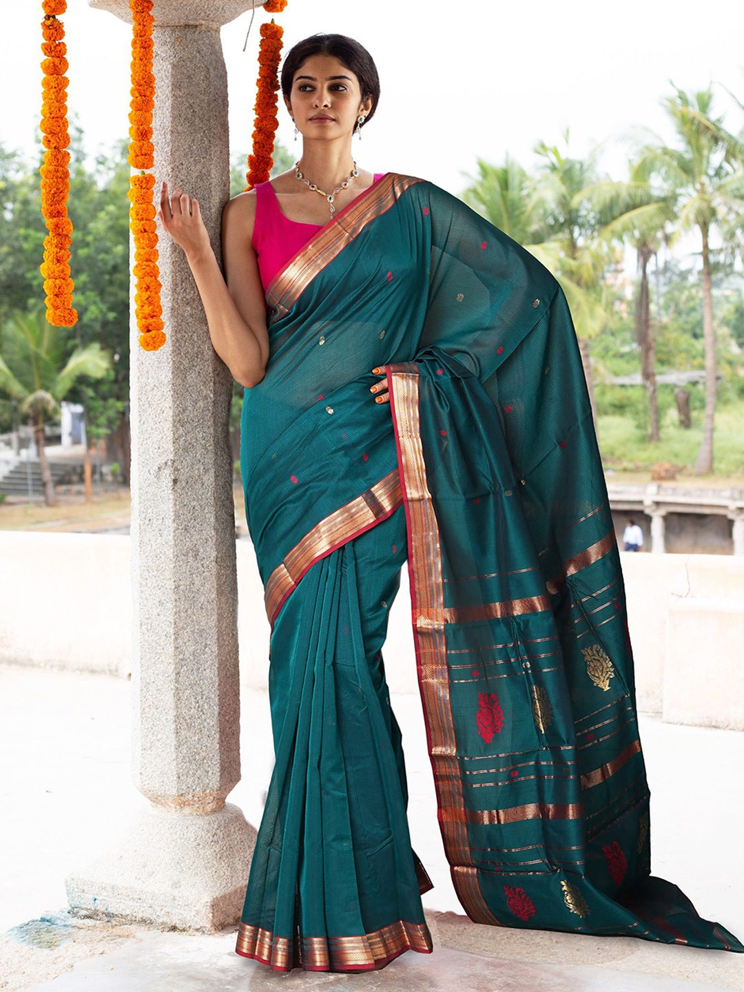 

Unnati Silks Woven Design Zari Handloom Maheshwari Saree, Green