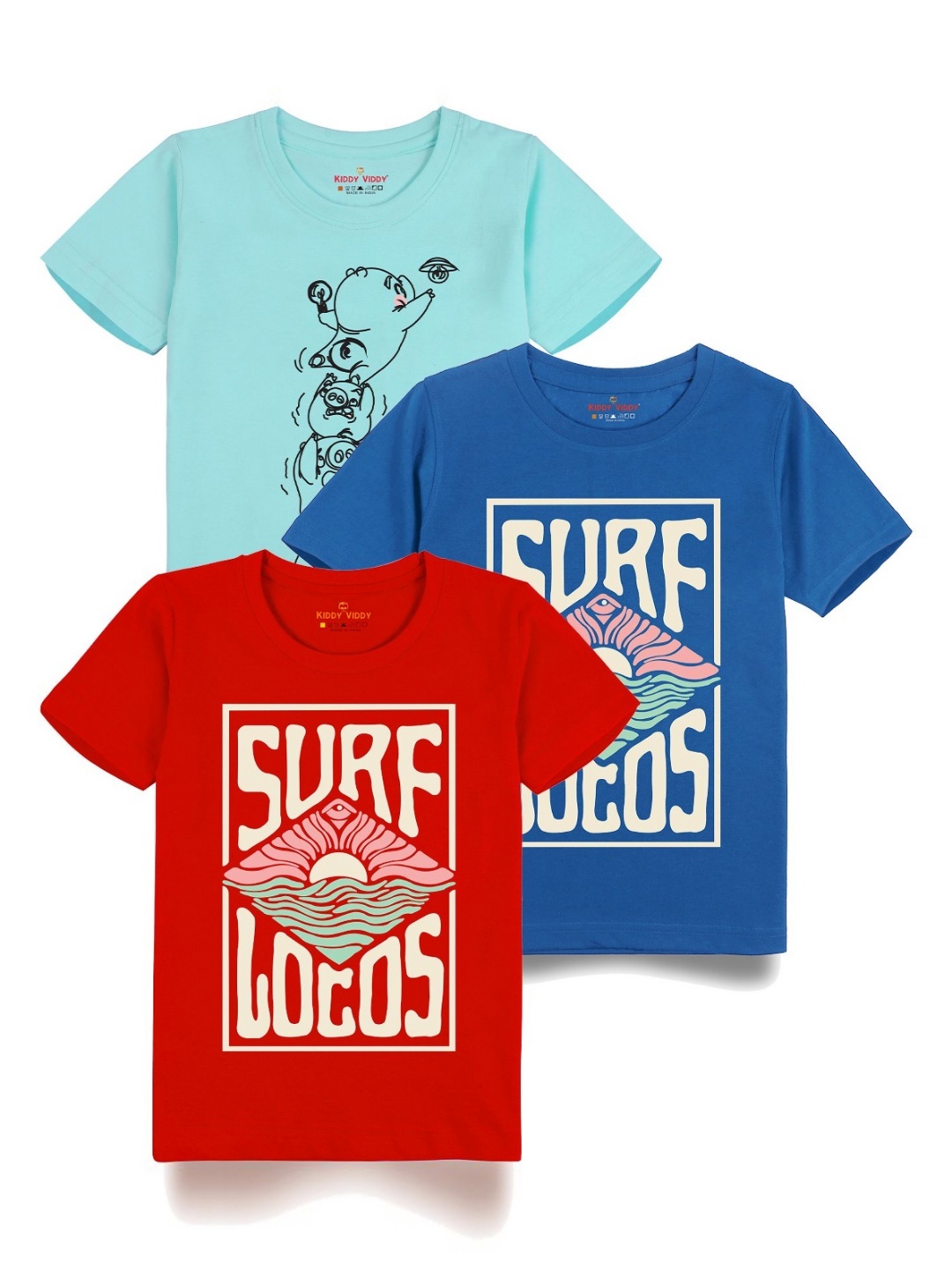 

Kiddy Viddy Boys Pack Of 3 Typography Printed Round Neck Cotton T-shirts, Blue