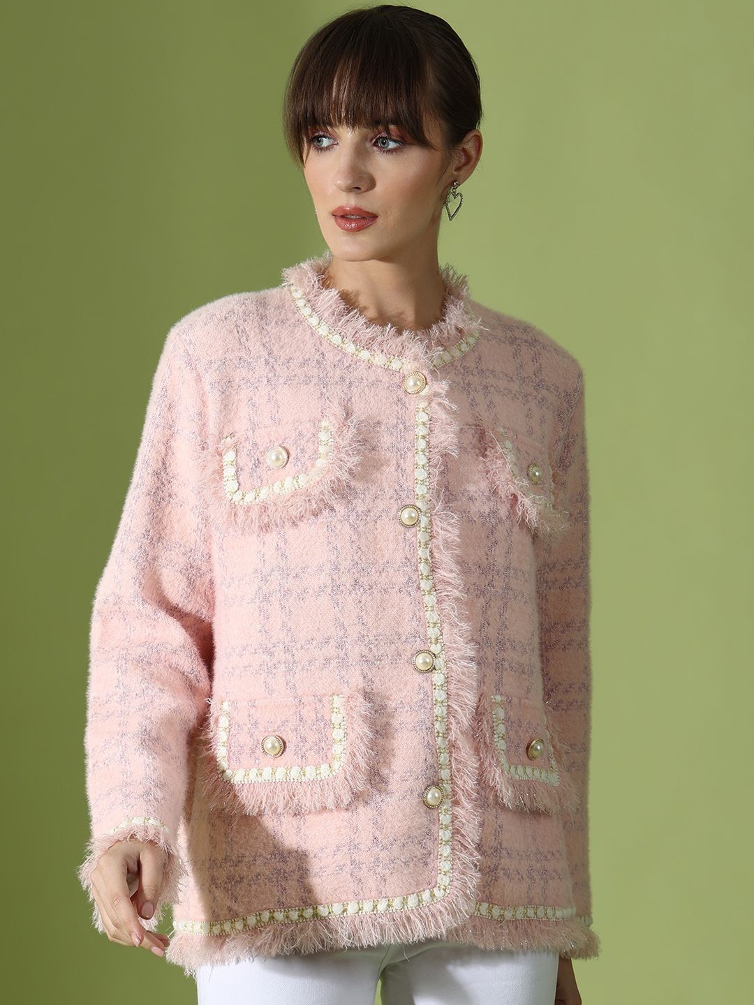 

Ziva Fashion Checked Woolen Long Sleeves Overcoat, Pink