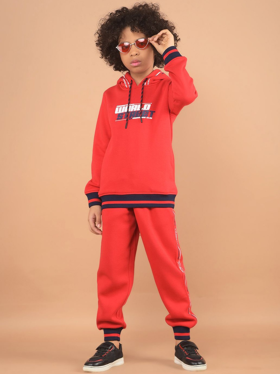 

Crimsoune Club Boys Hooded Printed Sweatshirt with Joggers, Red