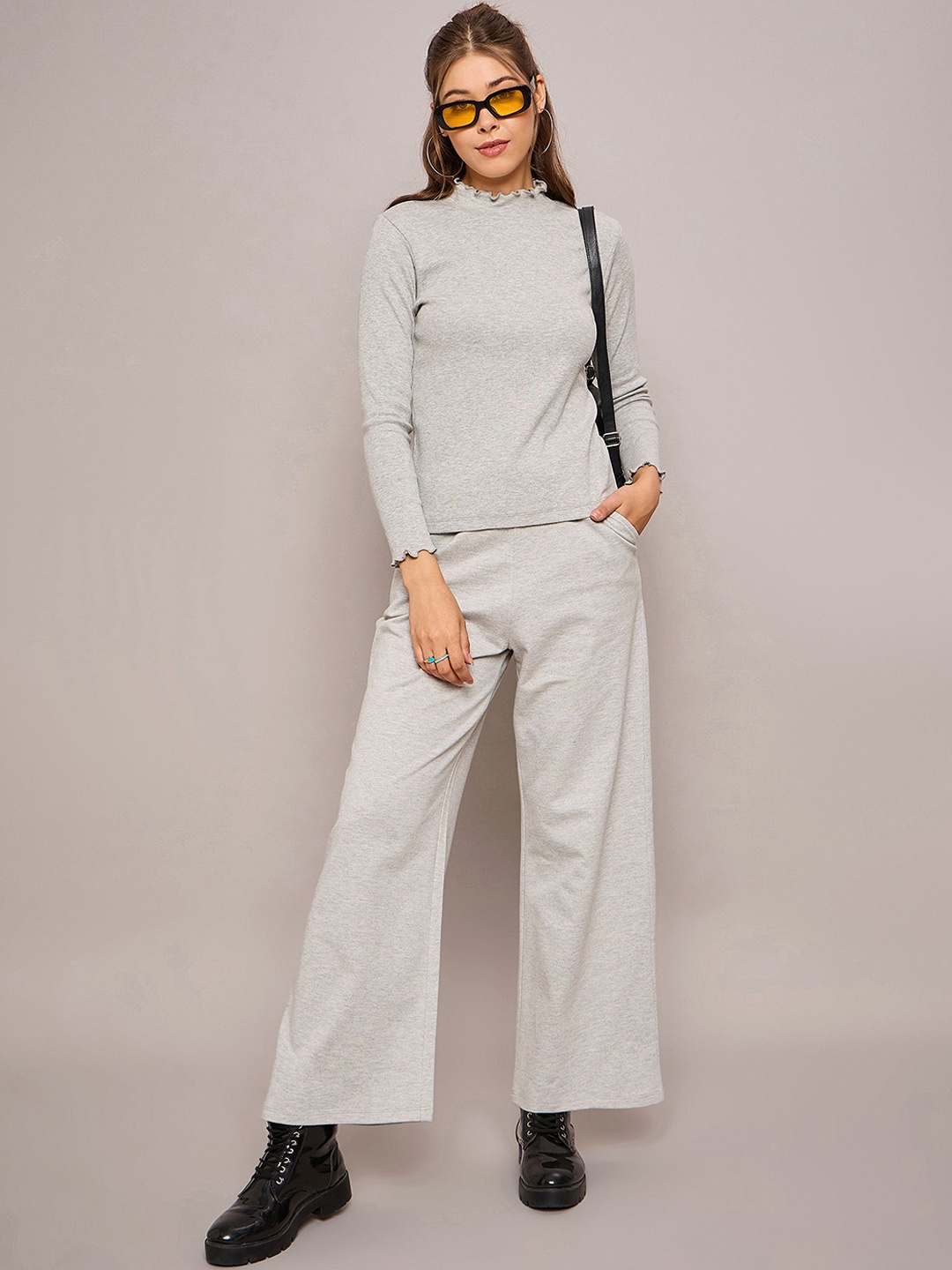 

SASSAFRAS BASICS High Neck Long Sleeves Ribbed Top With Trouser, Grey melange