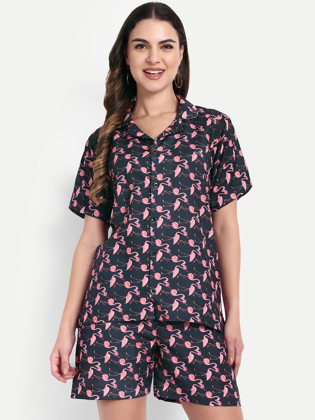 

TILISM Floral Printed Pure Cotton Shirt with Shorts, Black