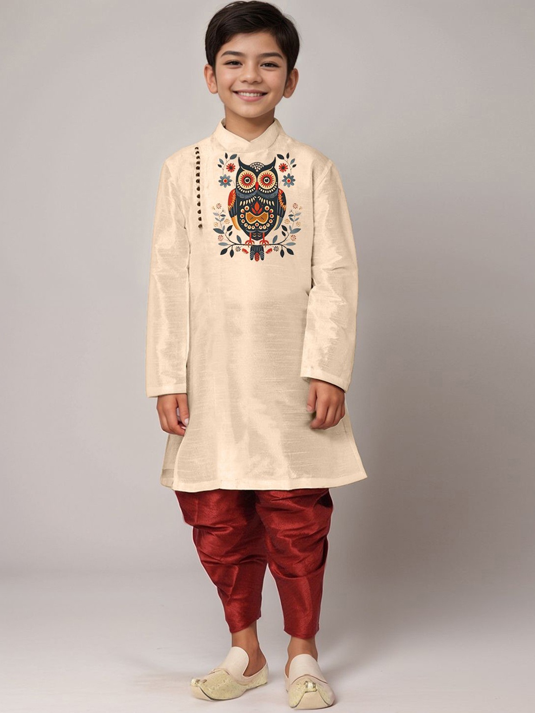 

DEVOILER Boys Ethnic Motifs Printed Side Placket Dupion Silk Kurta, Beige