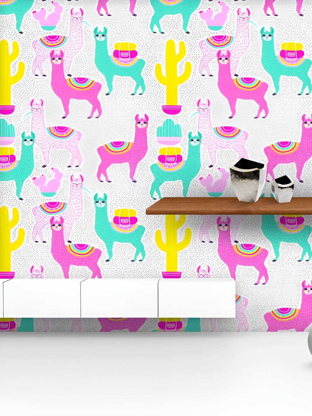 

ArtzFolio Printed UV-Resistant Anti-Bacterial Llama And Cactus With Dots Peel & Stick Wallpaper, Multi