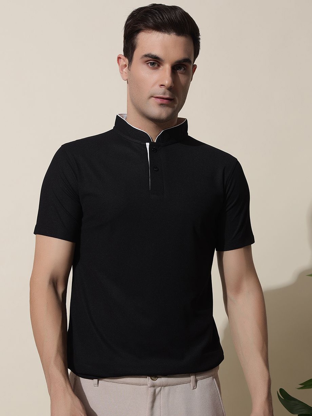 

MUWIN Men Mandarin Collar Pockets T-shirt, Black