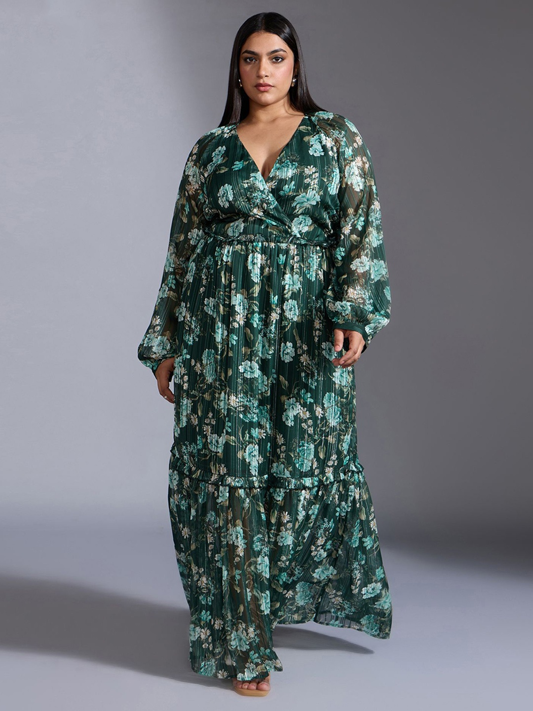 

20Dresses Women Floral Print V-Neck Long Sleeves Fit & Flare Dress, Green