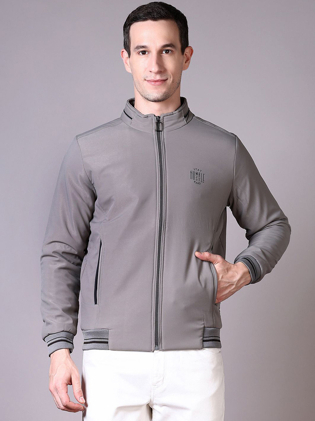 

V-Mart Men Washed Bomber Jacket, Grey