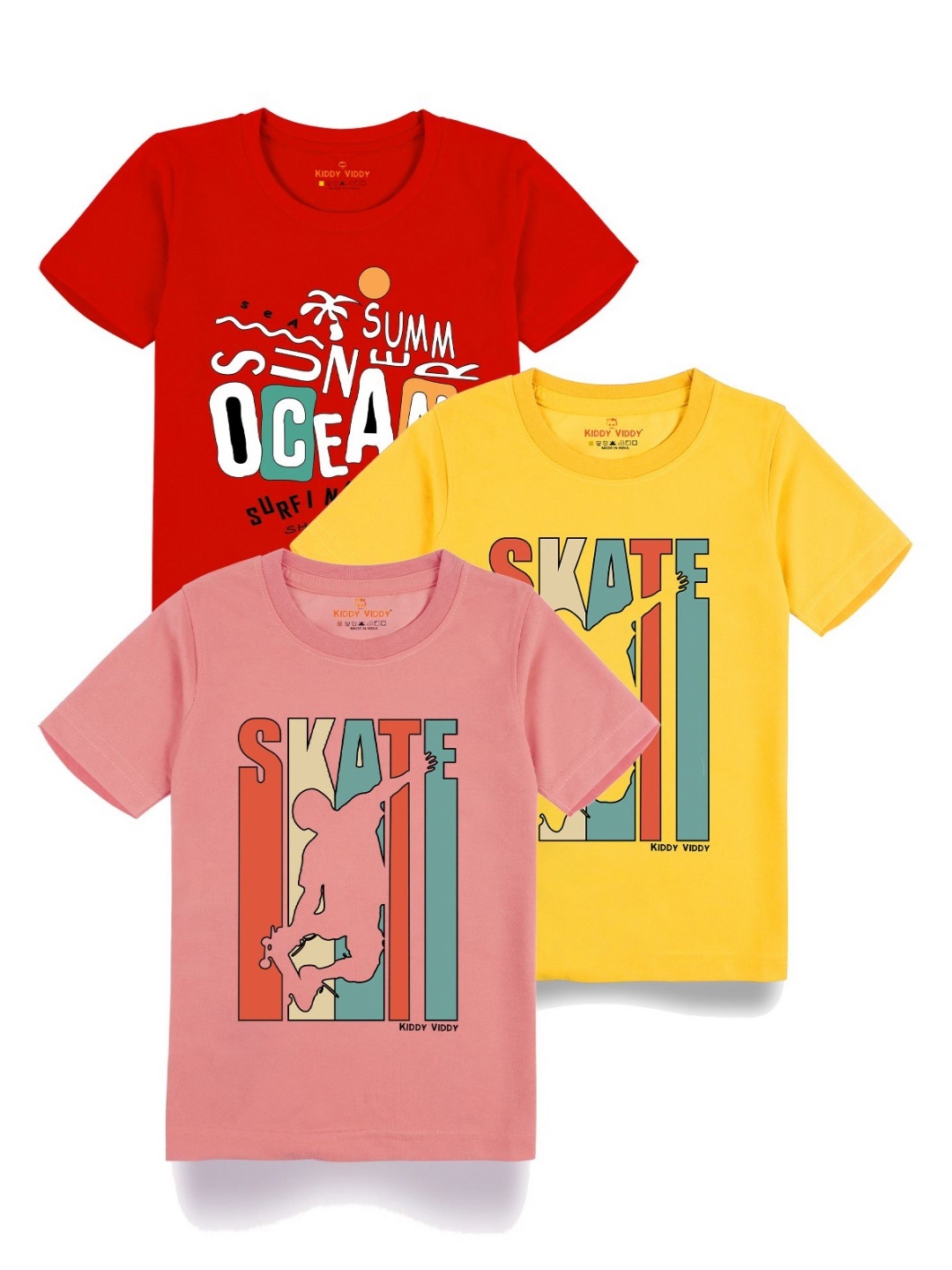 

Kiddy Viddy Boys Pack Of 3 Typography Printed Round Neck Cotton T-shirts, Yellow