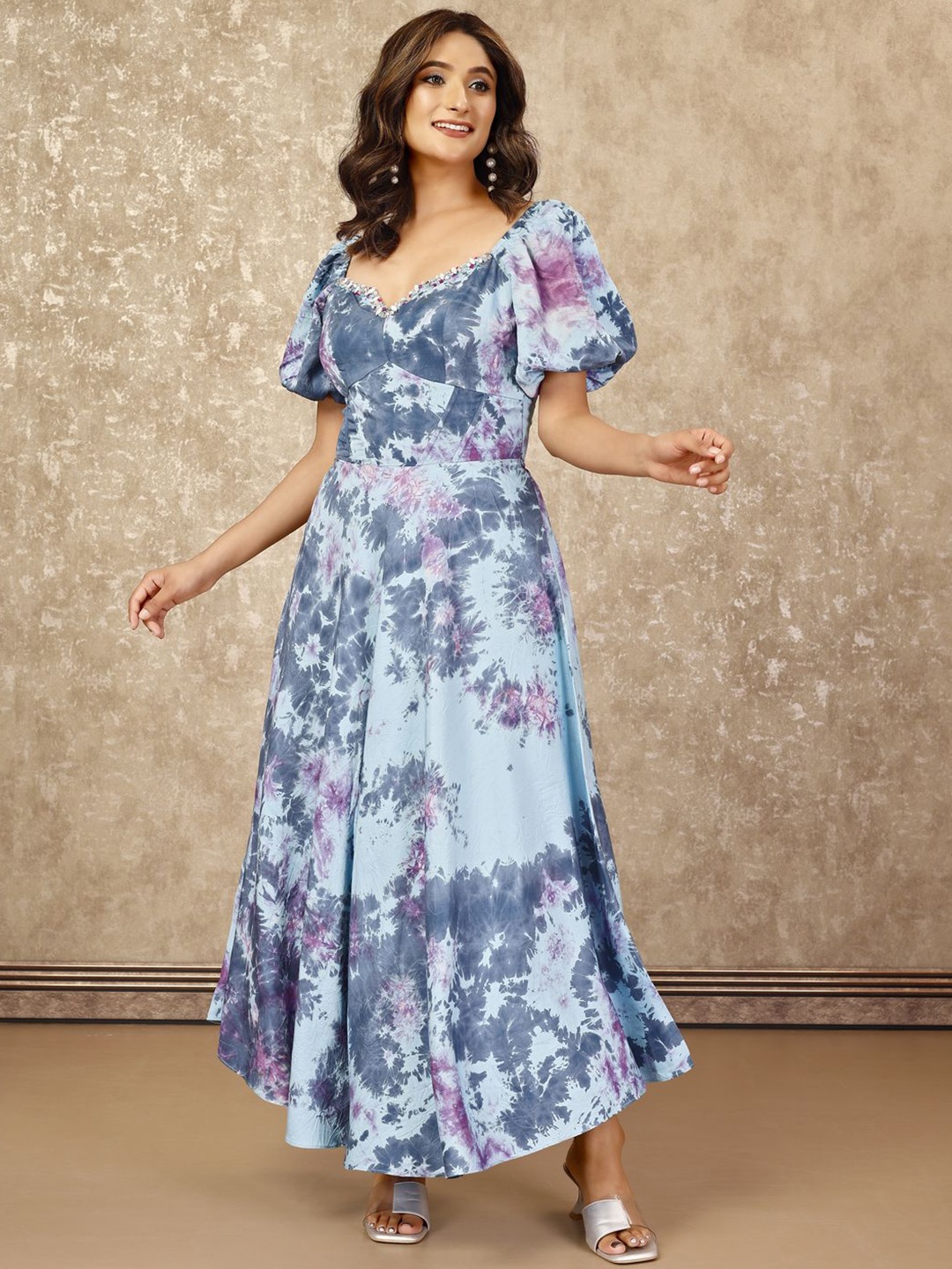 

Komarri U Women Sweetheart Neckline & Raglan Sleeves Printed Corset Dress, Blue