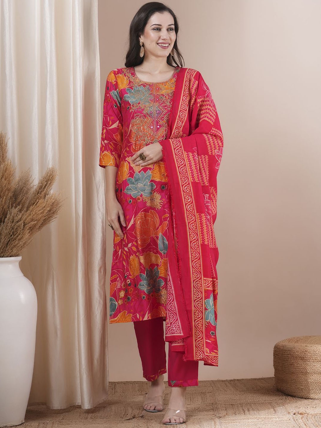 

FASHOR Floral Printed Mirror Work Straight Kurta With Trousers & Dupatta, Pink