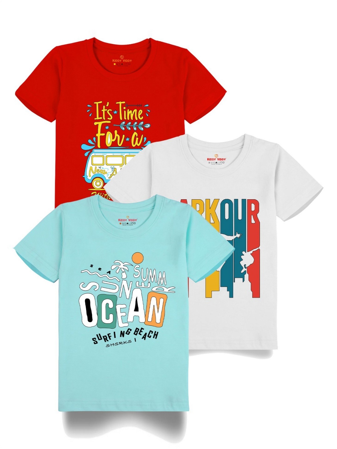 

Kiddy Viddy Boys Pack Of 3 Typography Printed Round Neck Cotton T-shirts, Sea green