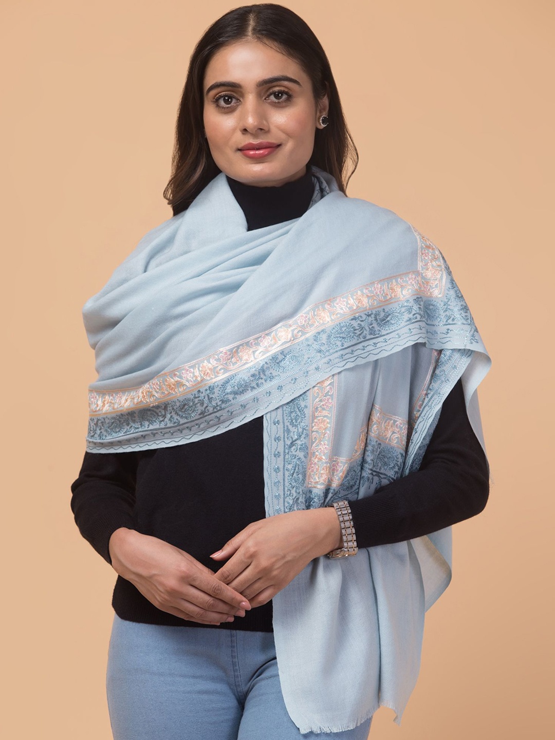 

Tweedle Kashmiri Floral Embroidered Aari Work Woollen Shawl, Blue