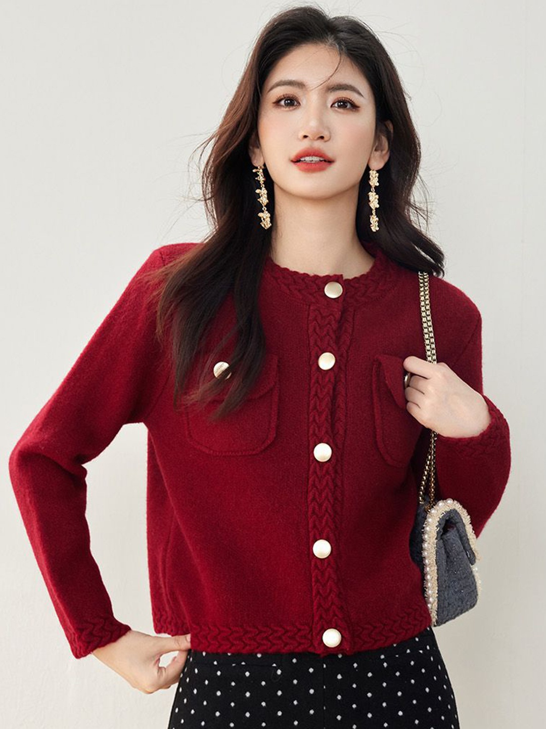 

JC Collection Women Round Neck Long Sleeves Cardigan Sweater, Red