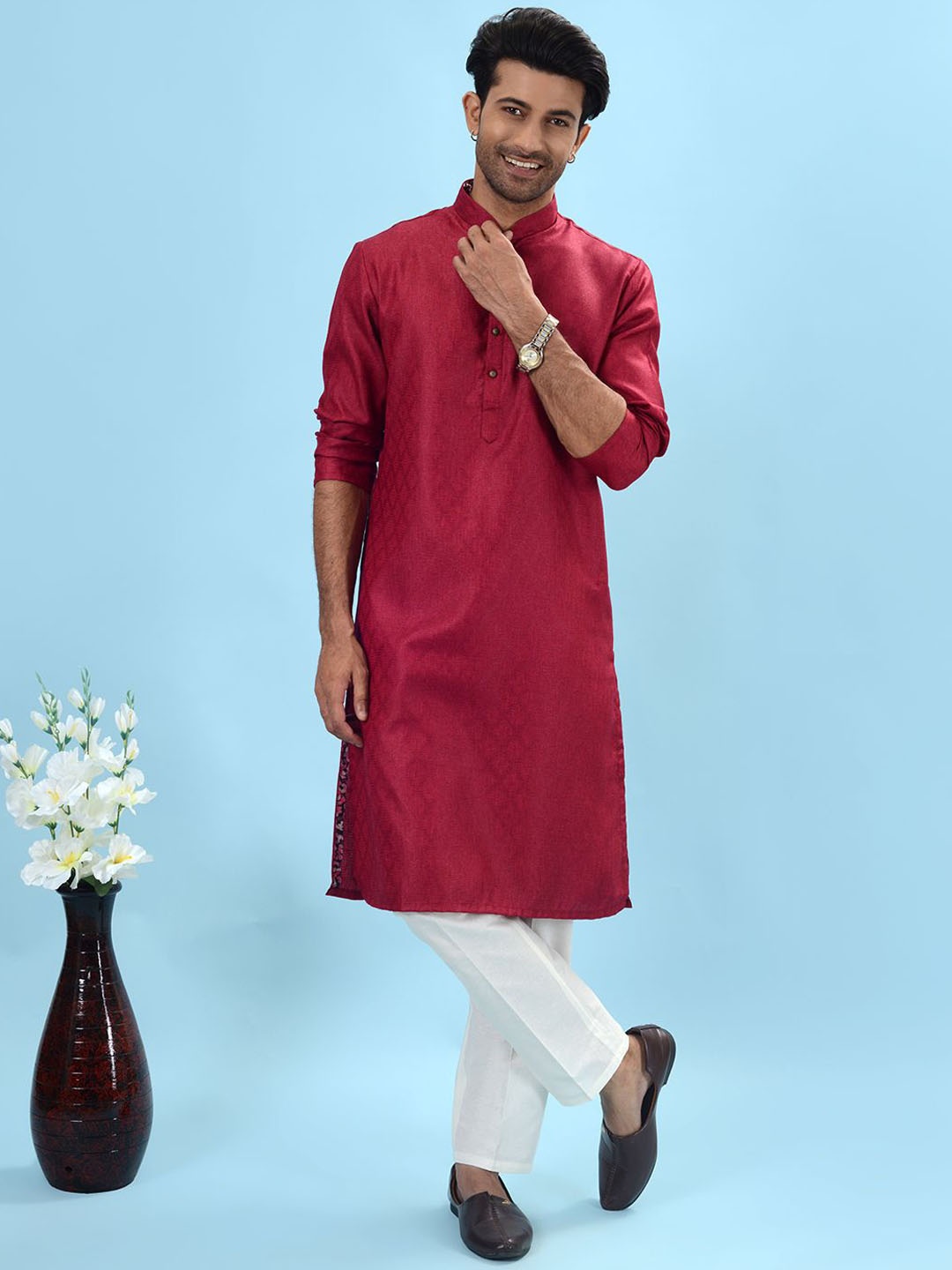 

azania Woven Design Mandarin Collar Straight Kurta, Pink