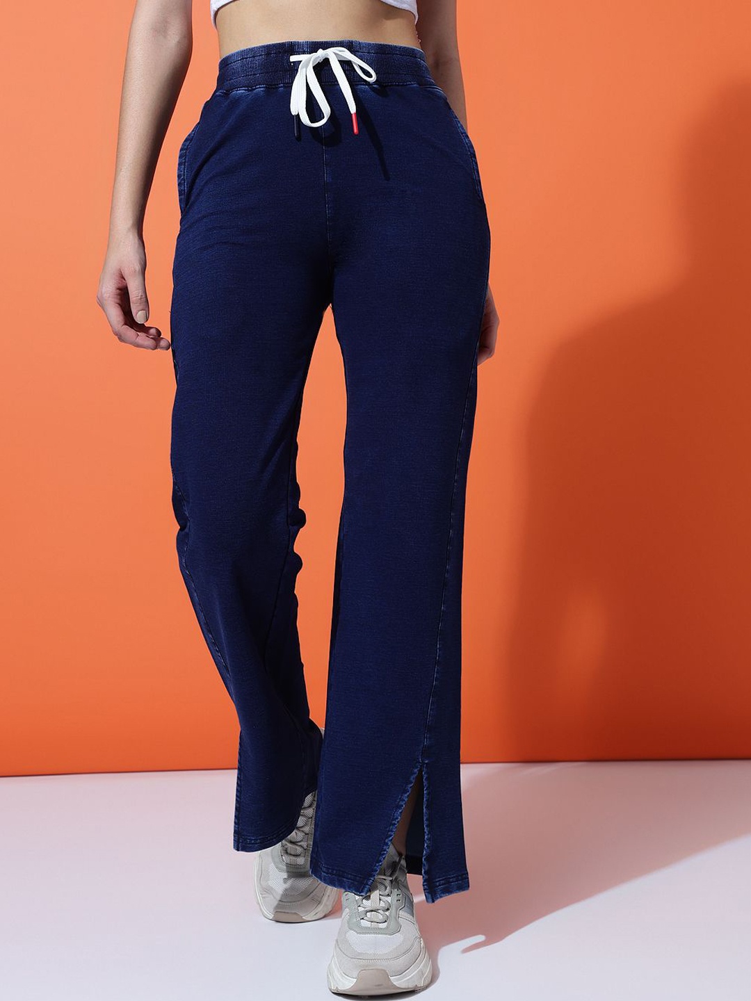 

MKH Women Flared High-Rise Denim Track Pant, Navy blue