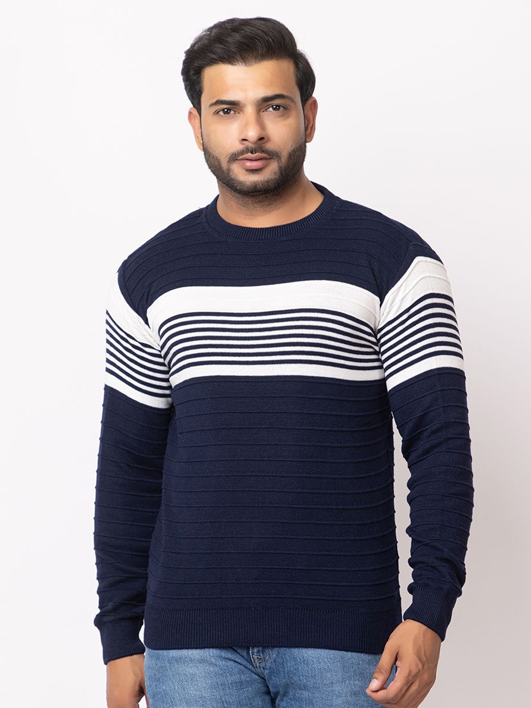 

LO G LO Men Striped Round Neck Pullover, Navy blue