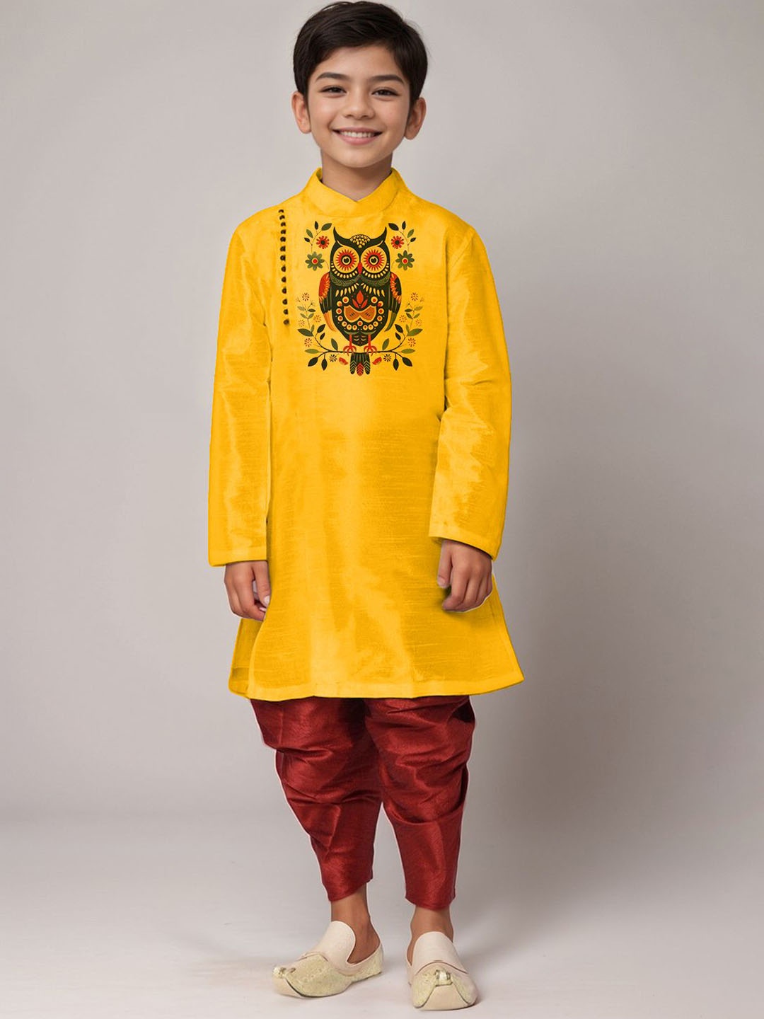 

DEVOILER Boys Animal Printed Regular Art Silk Straight Kurta, Mustard