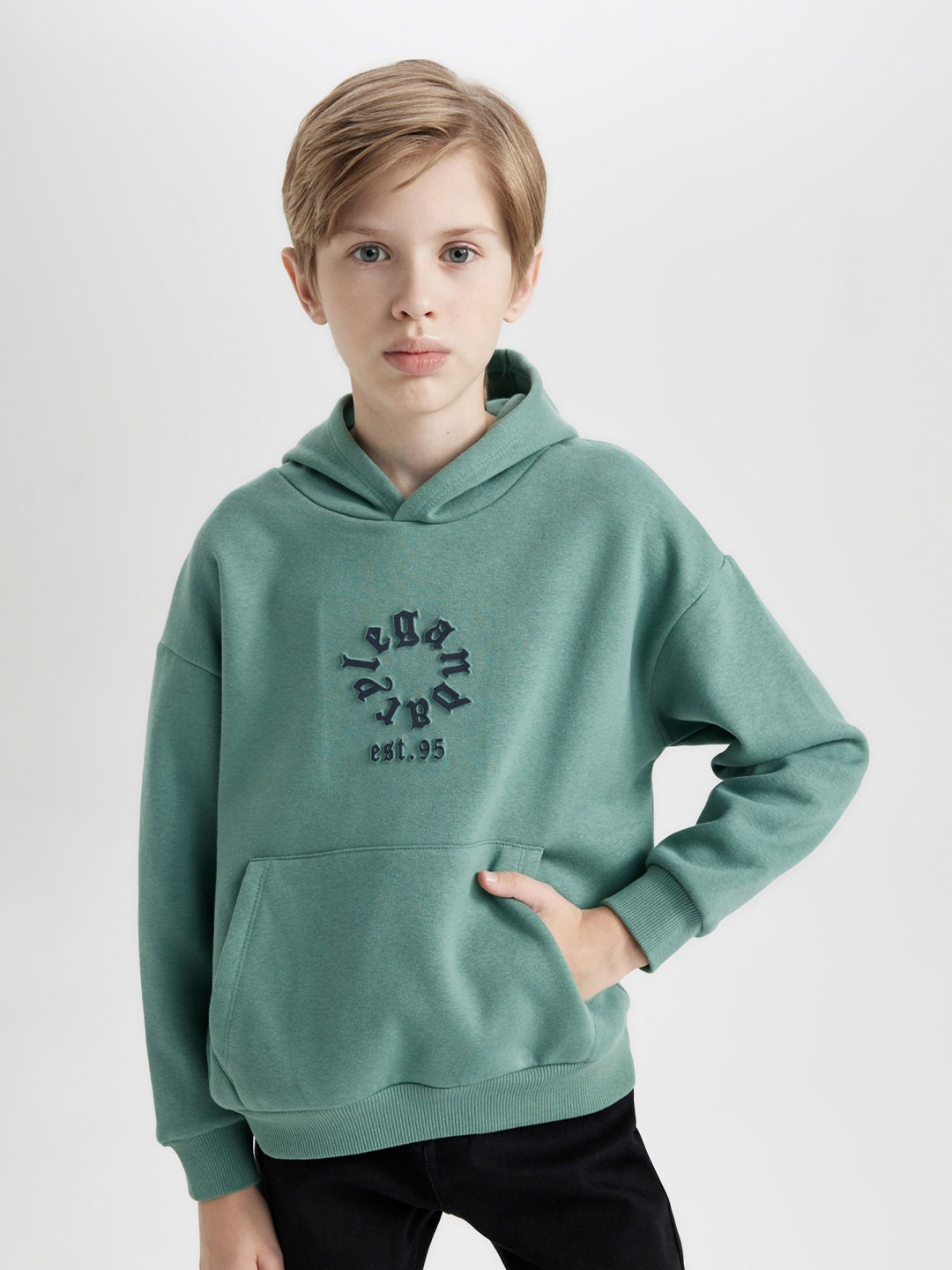 

DeFacto Boys Typography Printed Hooded Long Sleeves Pullover Sweater, Green