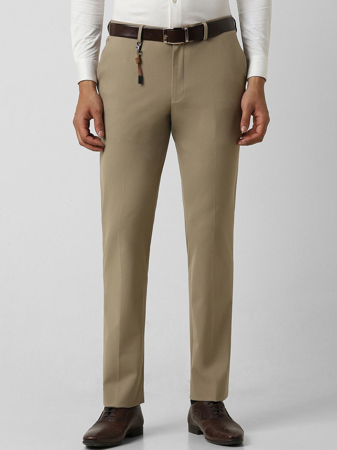 

V Dot Men Slim Fit Flat-Front Formal Trousers, Beige