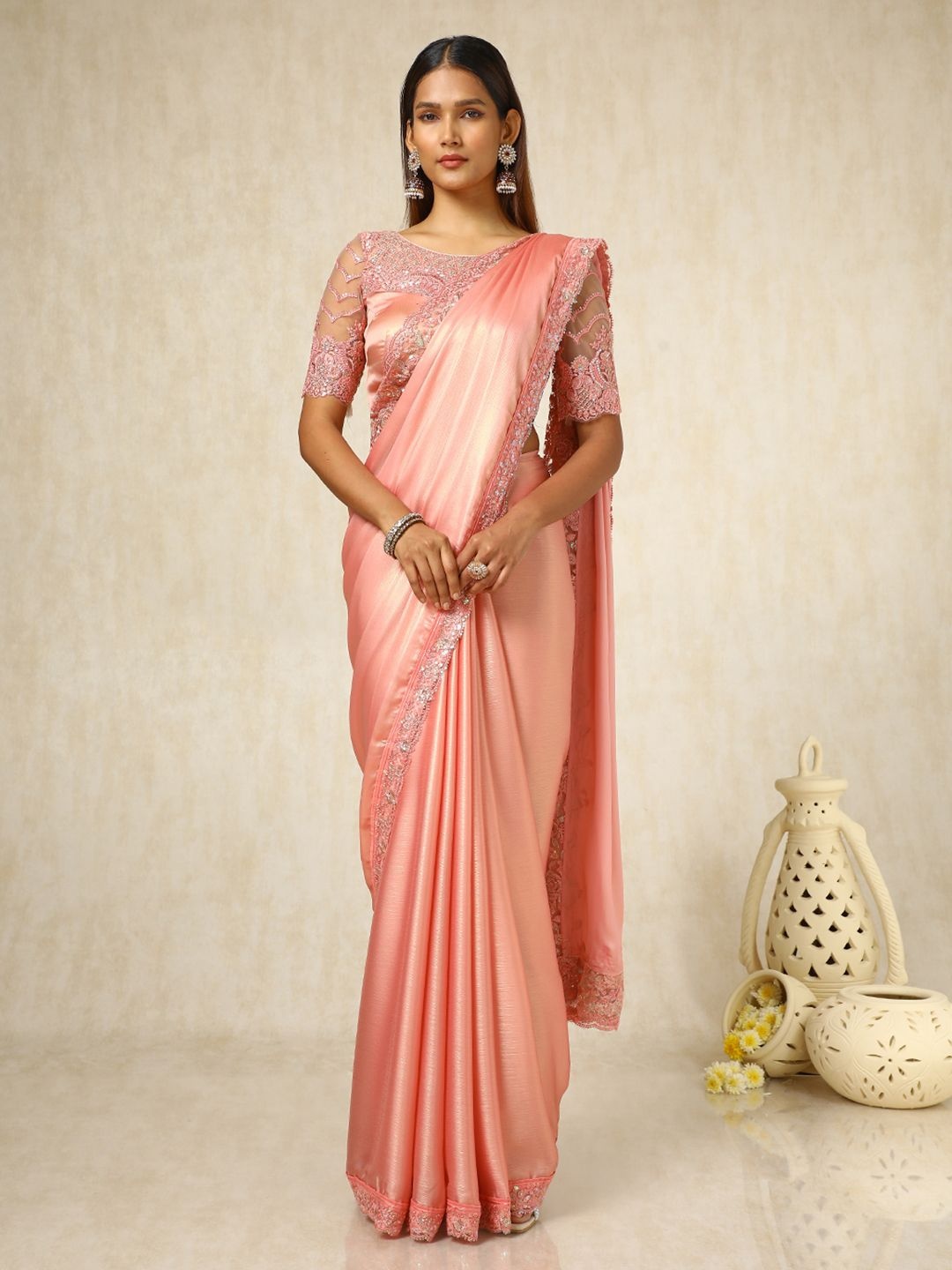 

Soch Embroidered Pure Chiffon Saree, Peach