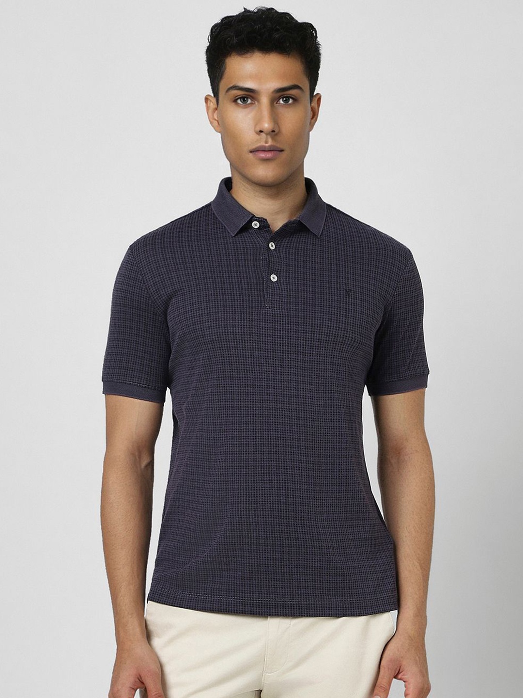 

Van Heusen Men Polka Dot Checked Polo Collar T-shirt, Grey