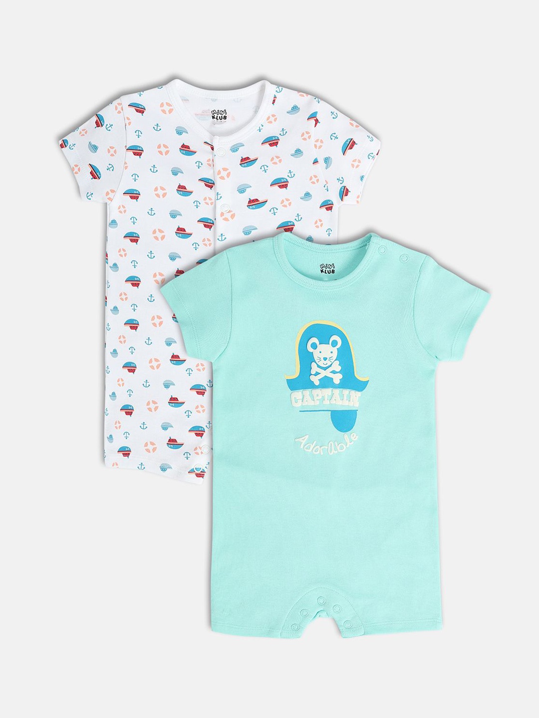 

MINI KLUB Boys Pack Of 2 Printed Cotton Rompers, White