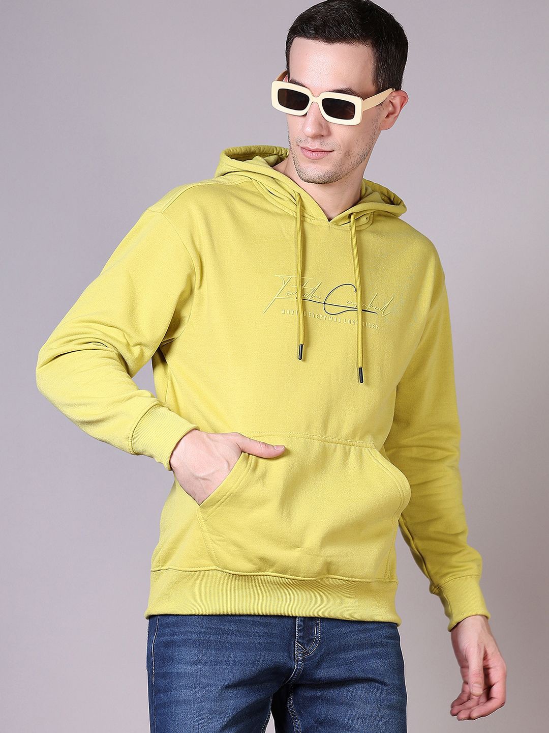 

V-Mart Men Printed Hooded Sweatshirt, Yellow