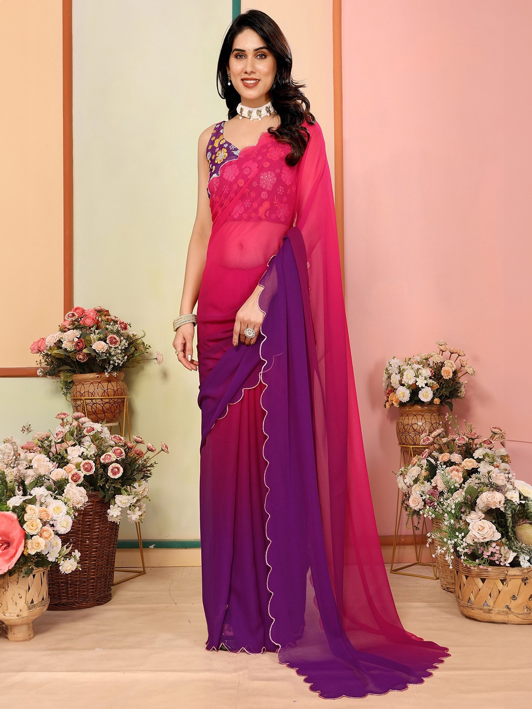 

CATCHY FOREVER Ombre Poly Georgette Saree, Magenta