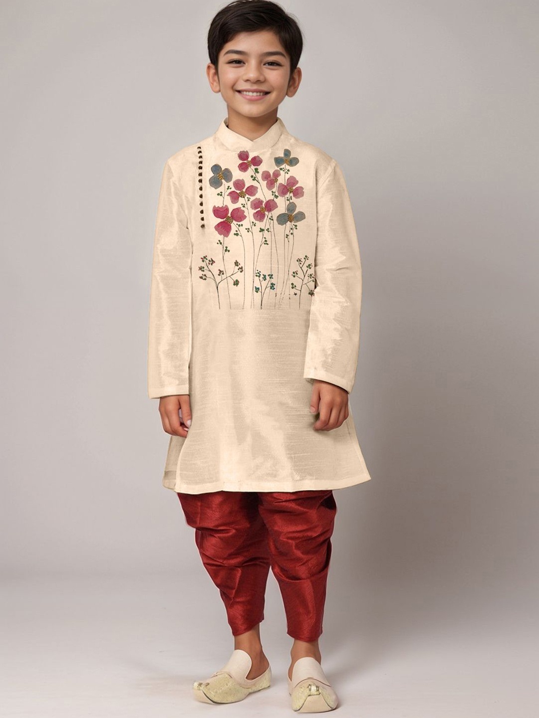 

DEVOILER Boys Floral Printed Mandarin Collar Straight Kurta, Beige