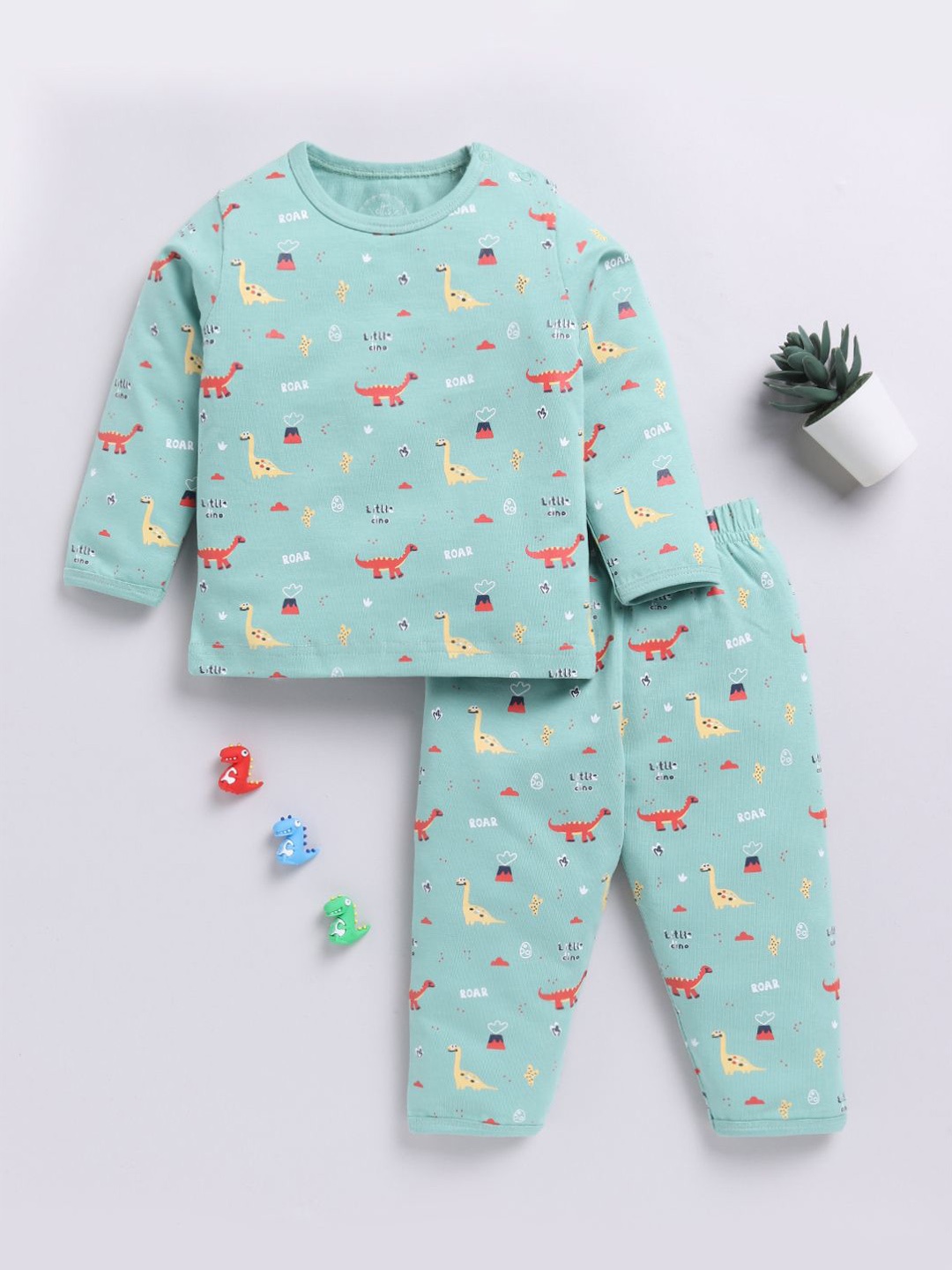 

Clt.s Kids Pure Cotton Graphic Printed Round Neck Long Sleeves Night suit, Green
