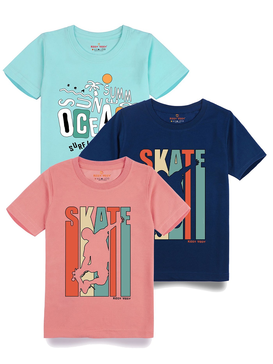 

Kiddy Viddy Boys Pack Of 3 Typography Printed Round Neck Cotton T-shirts, Pink