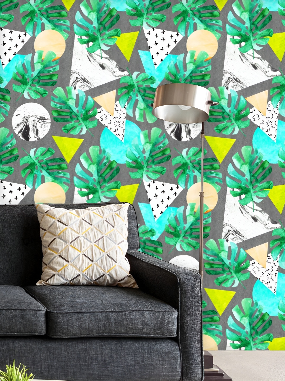 

ArtzFolio Printed UV-Resistant Anti-Bacterial Watercolor Monstera Leaves & Triangles Peel & Stick Wallpaper, Multi