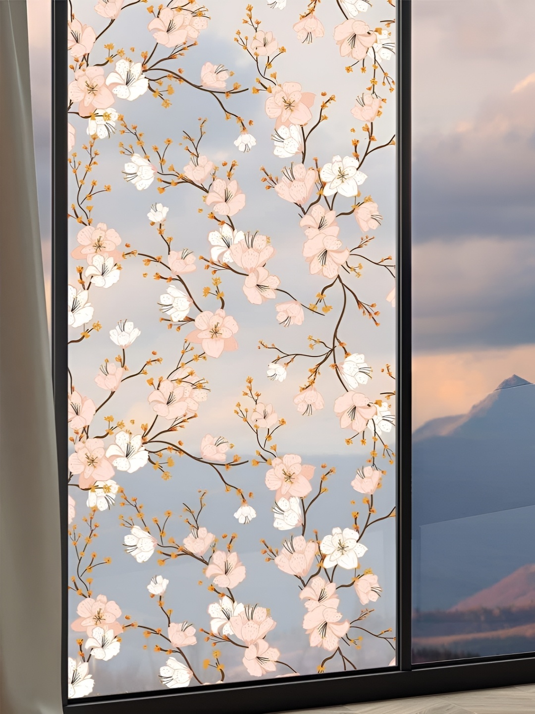 

CVANU B;ue & Pink Floral Printed Self Adhesive Waterproof Window Film, Blue