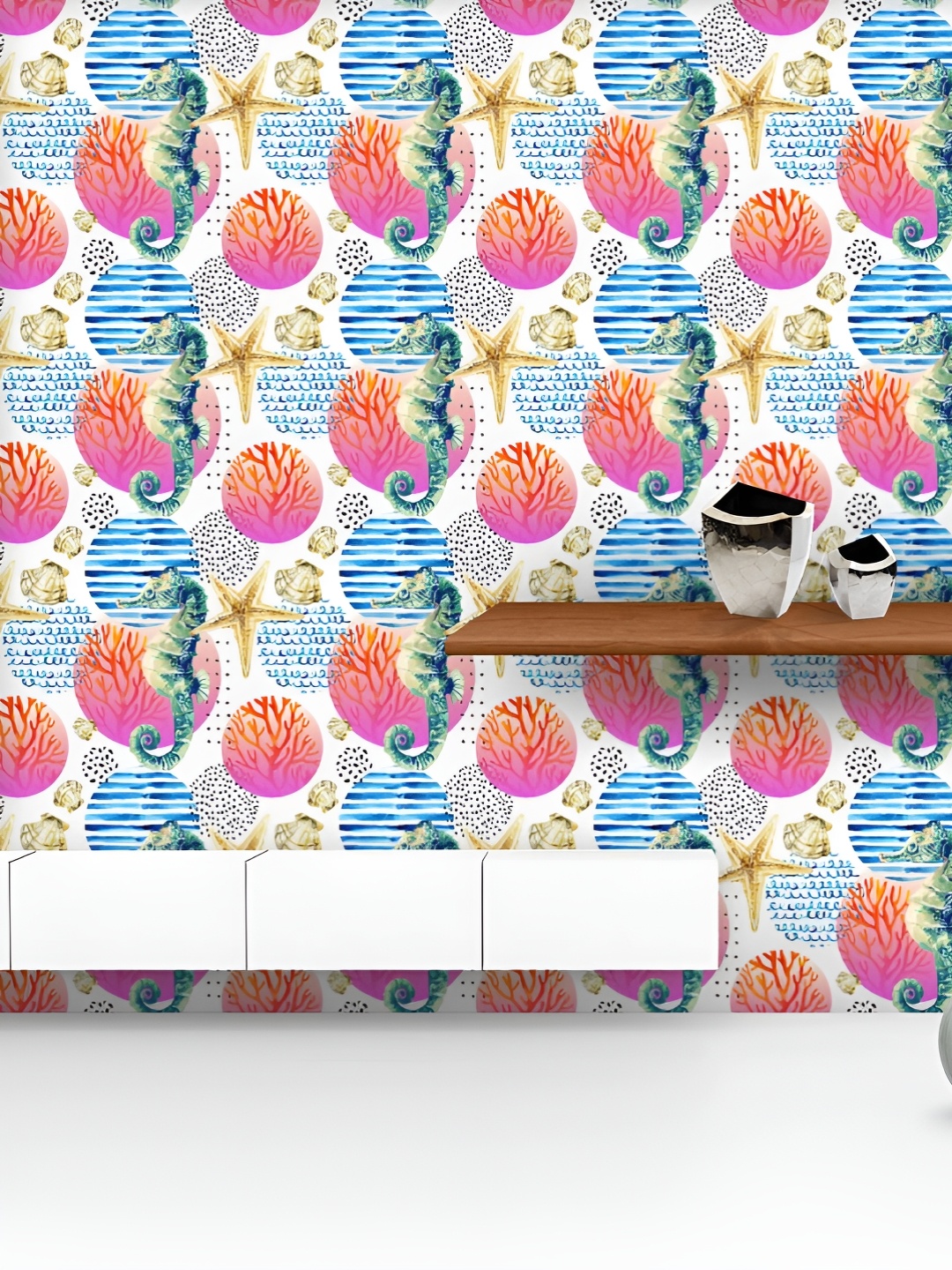 

ArtzFolio Printed UV-Resistant Anti-Bacterial Seashore, Coral Reef Doodle Elements Peel & Stick Wallpaper, Multi