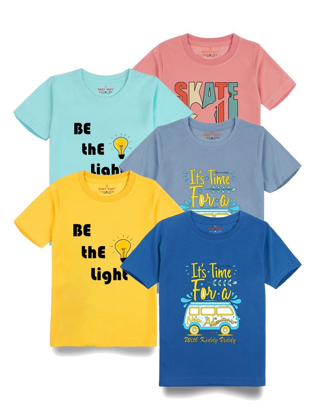 

Kiddy Viddy Boys Pack Of 5 Typography Printed Round Neck Cotton T-shirts, Yellow