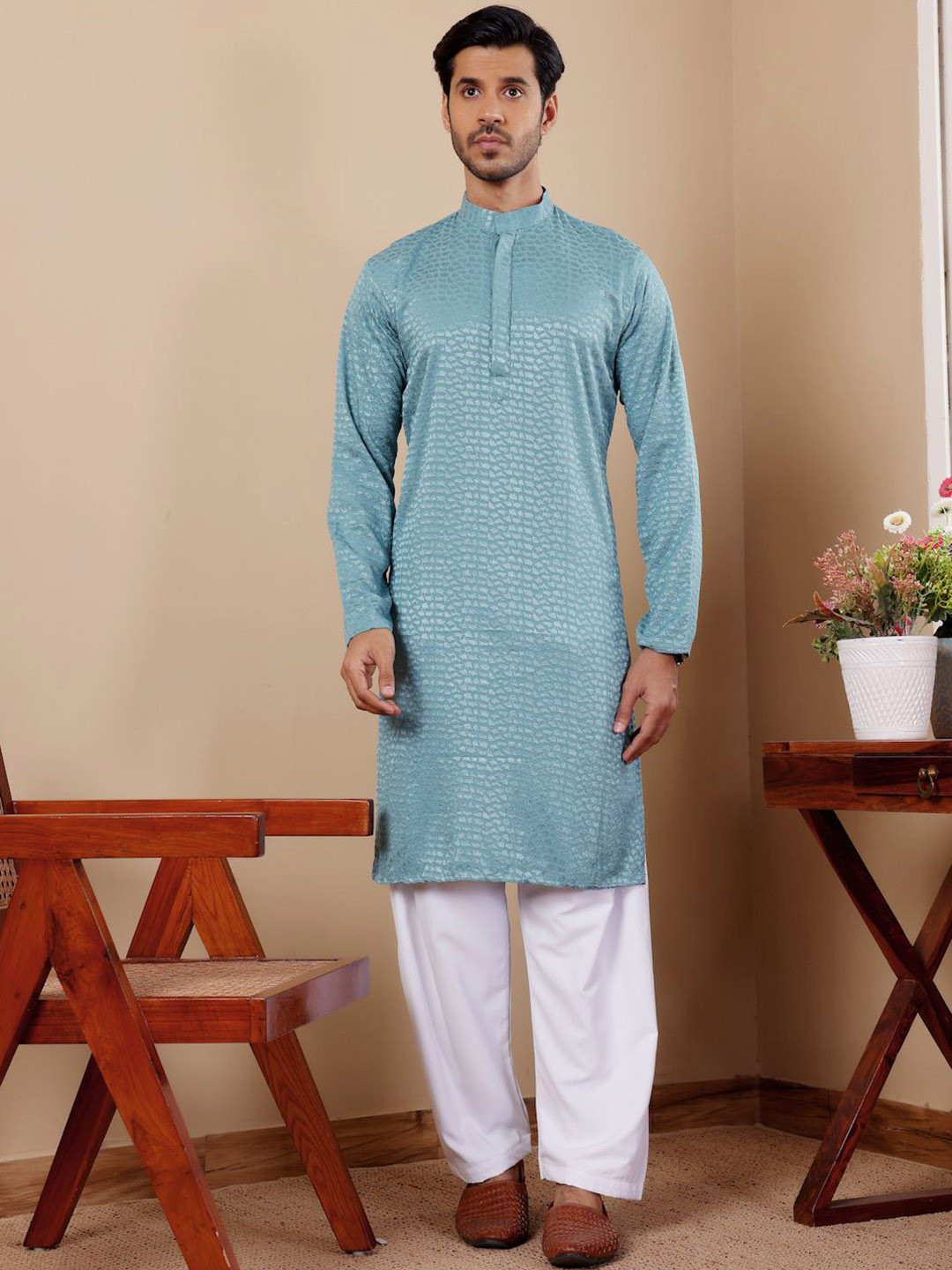 

Rawayi Abstract Woven Design Band Collar Georgette Straight Kurta, Blue