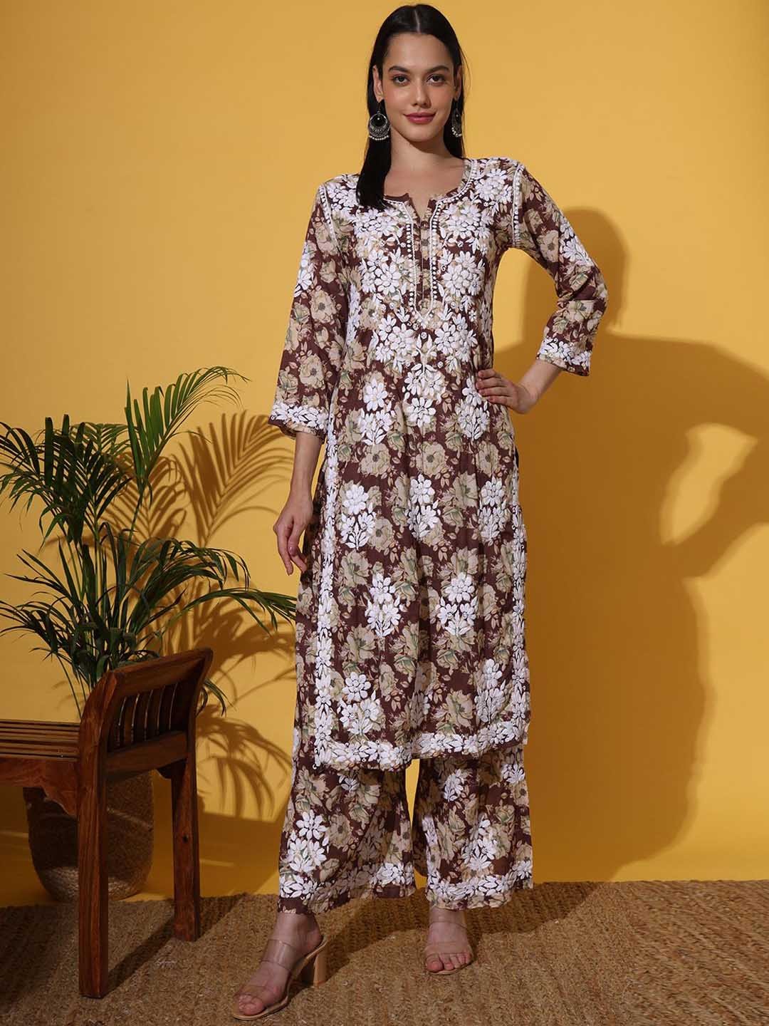 

The Chikan Label Floral Printed & Embroidered Chikankari Straight Kurta with Palazzos, Brown