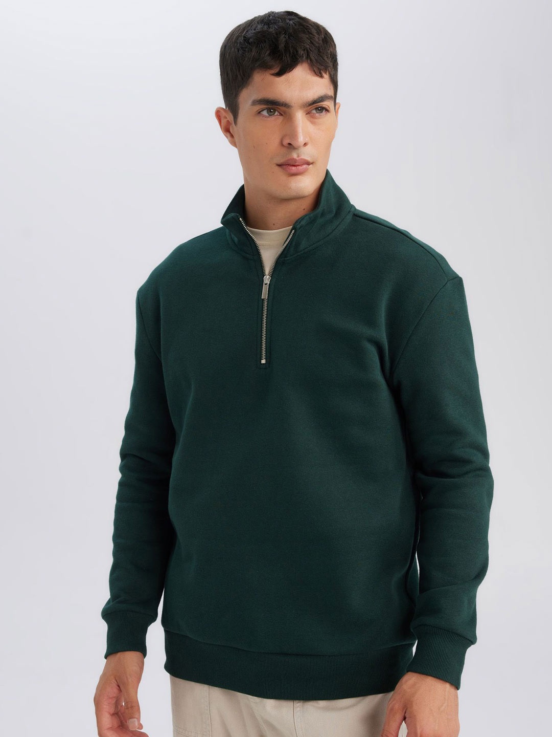 

DeFacto Men Cotton Half Zipper Pullover, Green