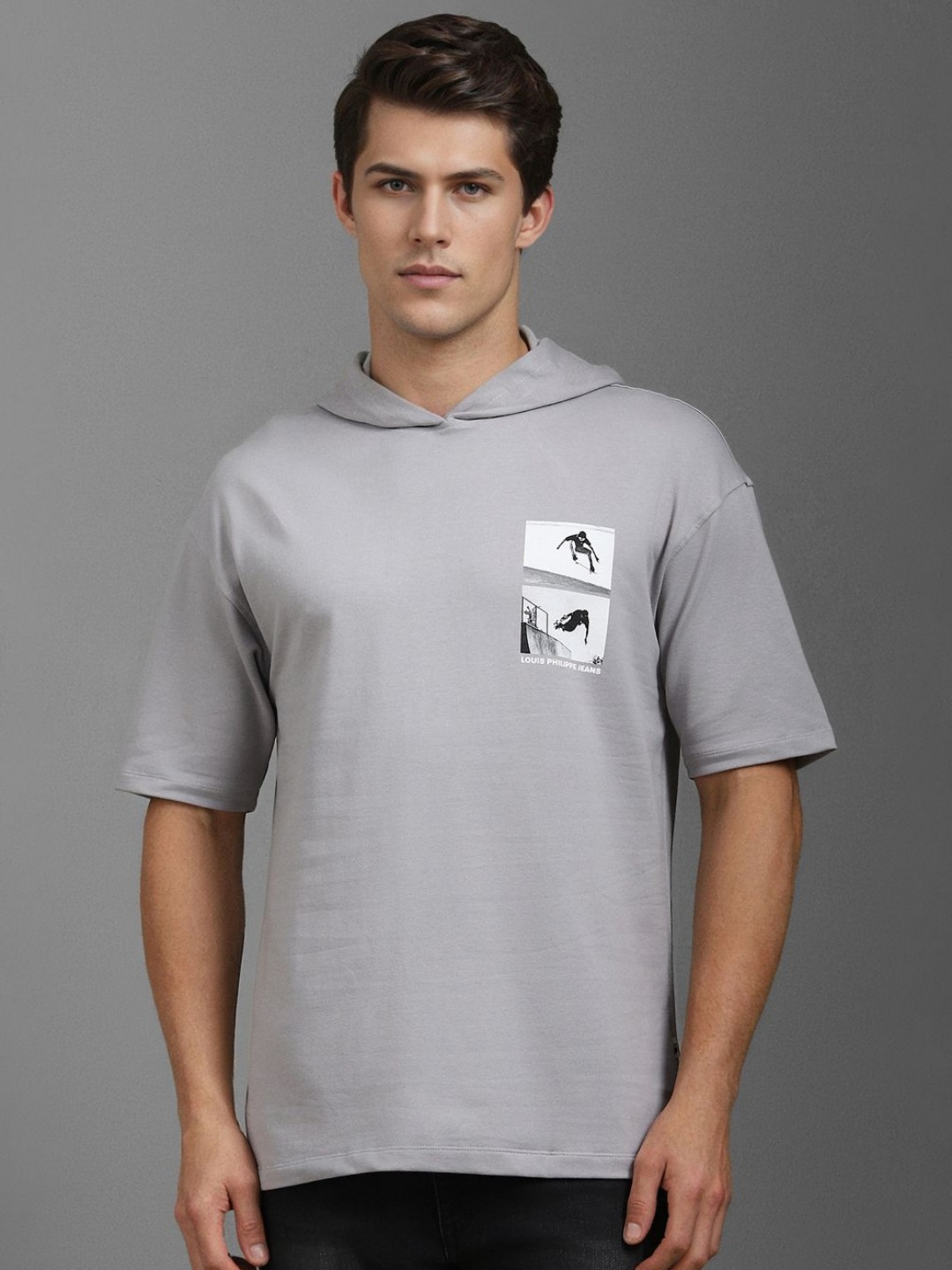 

Louis Philippe Jeans Men Typography Printed Hooded Raw Edge T-shirt, Grey