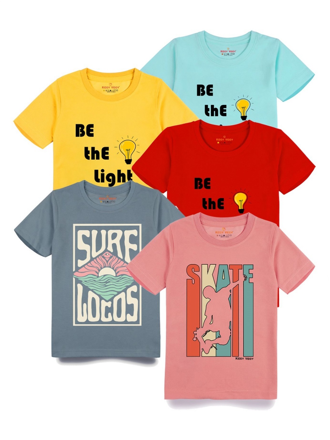 

Kiddy Viddy Boys Pack Of 5 Typography Printed Round Neck Cotton T-shirts, Grey