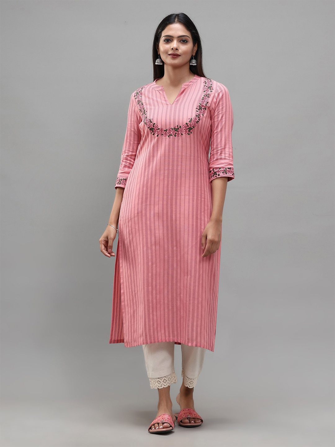 

Vismay Women Striped Cotton Embroidered Kurta, Pink