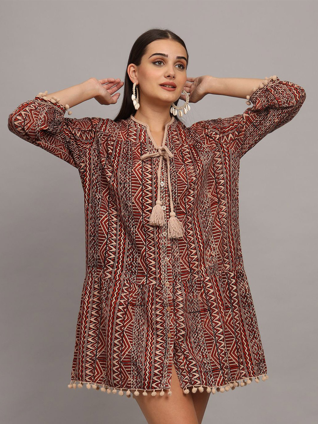 

CHARMGAL Women Printed Tie-Up Neck A-Line Mini Dress, Maroon