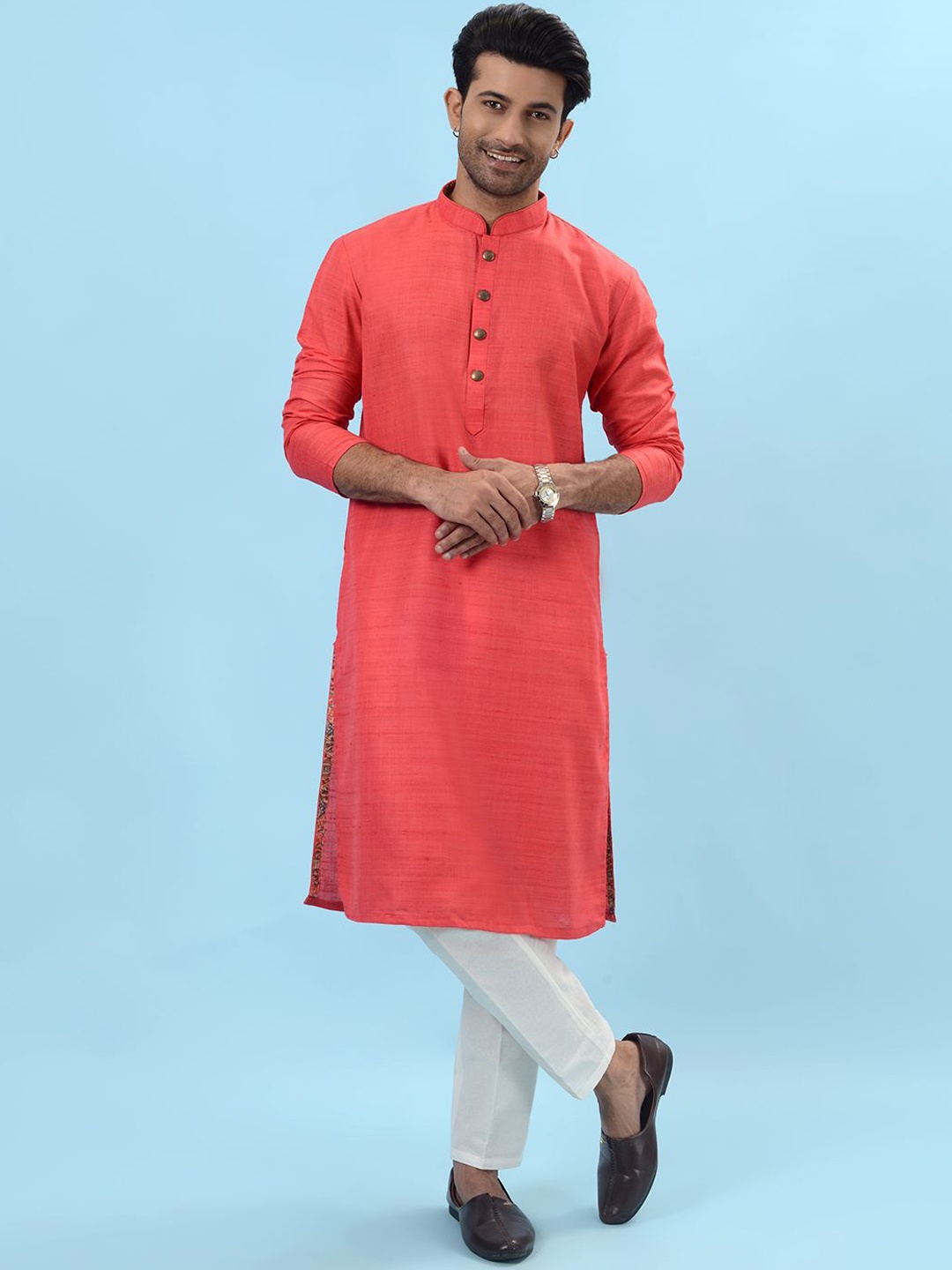 

azania Mandarin Collar Long Sleeves Regular Straight Kurta, Pink