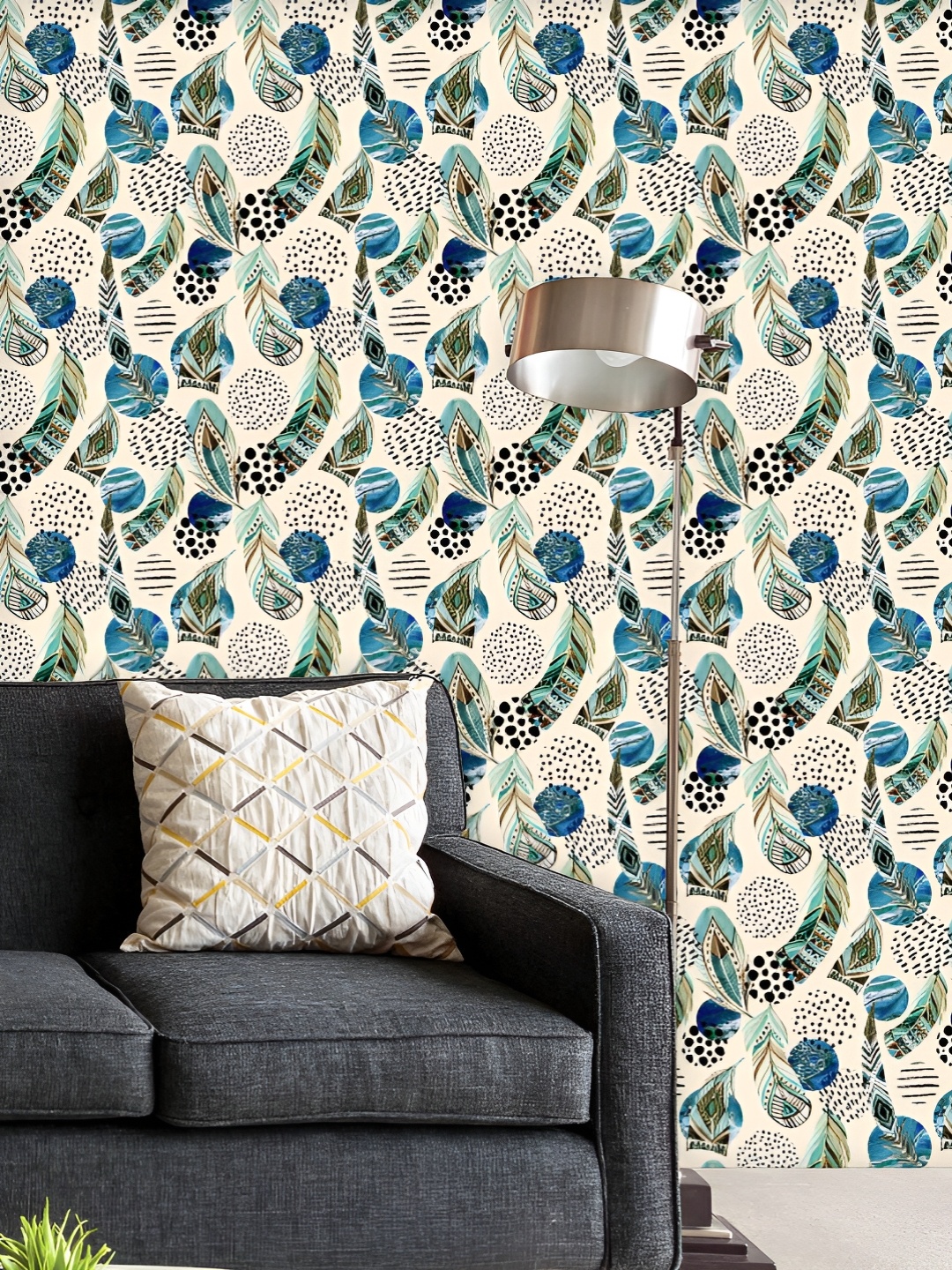 

ArtzFolio Cream-Coloured & Blue Printed UV-Resistant Peel & Stick Wallpaper