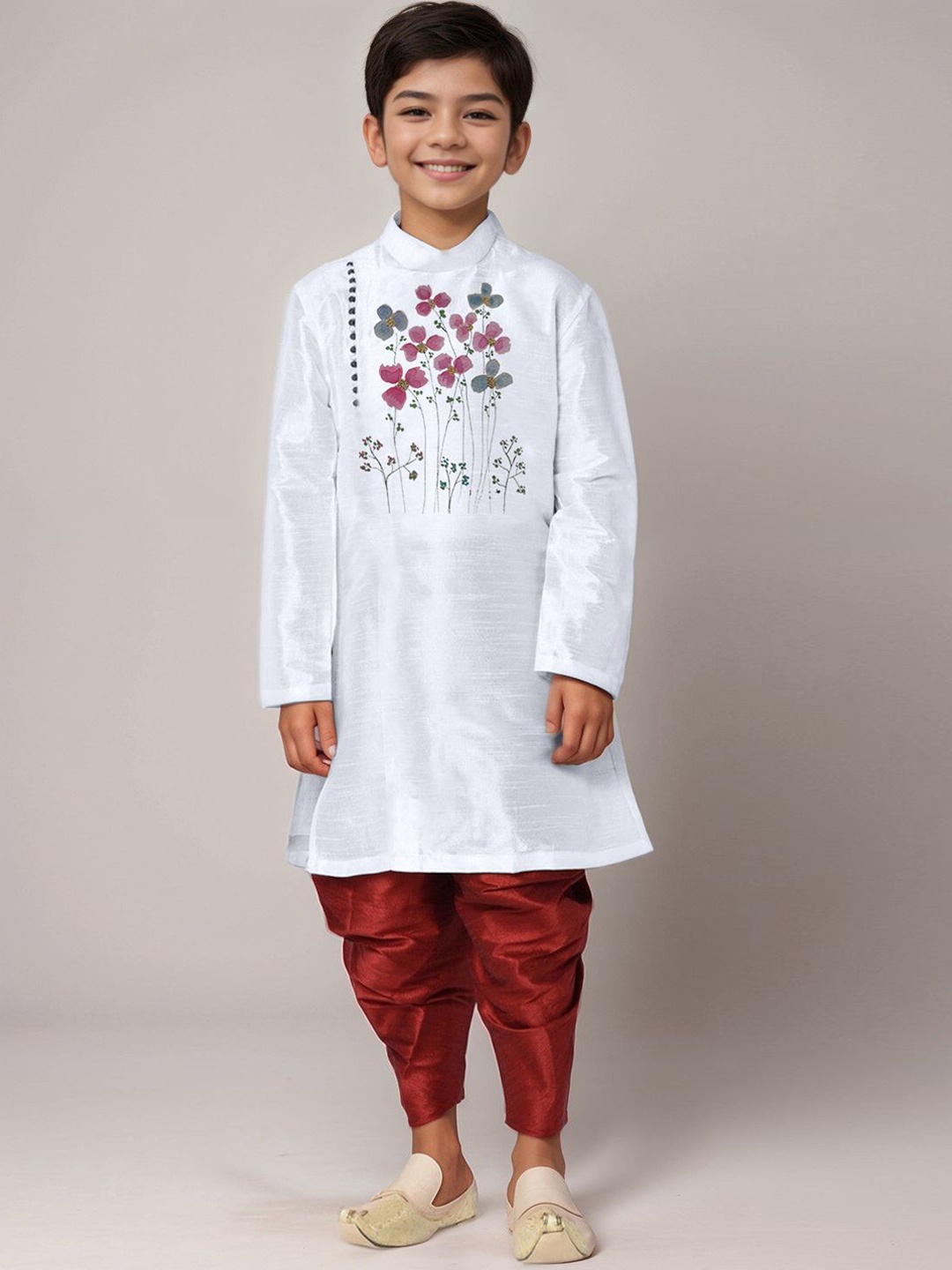 

DEVOILER Boys Floral Printed Mandarin Collar Straight Kurta, White