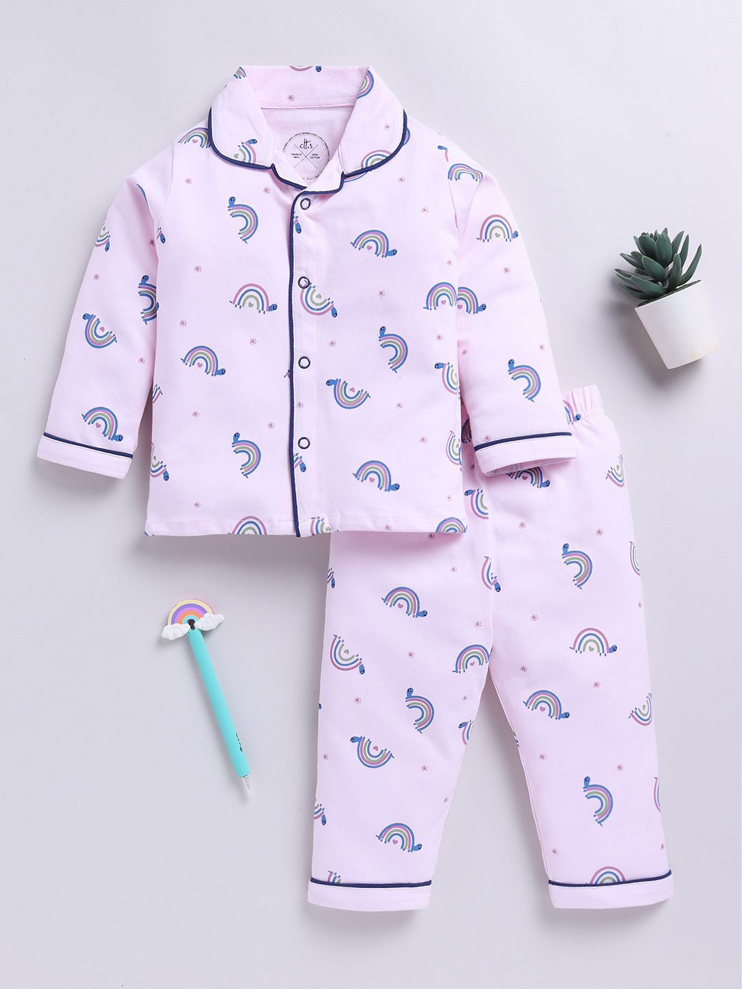 

Clt.s Kids - Unisex Printed Pure Cotton Shirt Collar Night suit, Pink