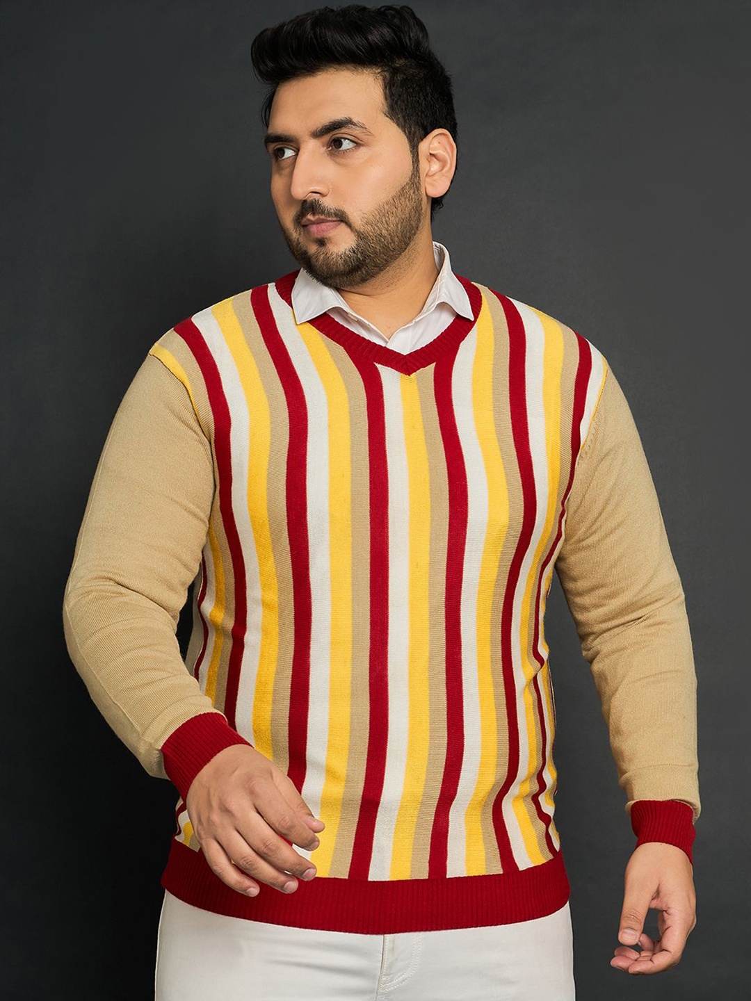 

bigbanana Men Plus Size Striped Pullover Sweater, Beige