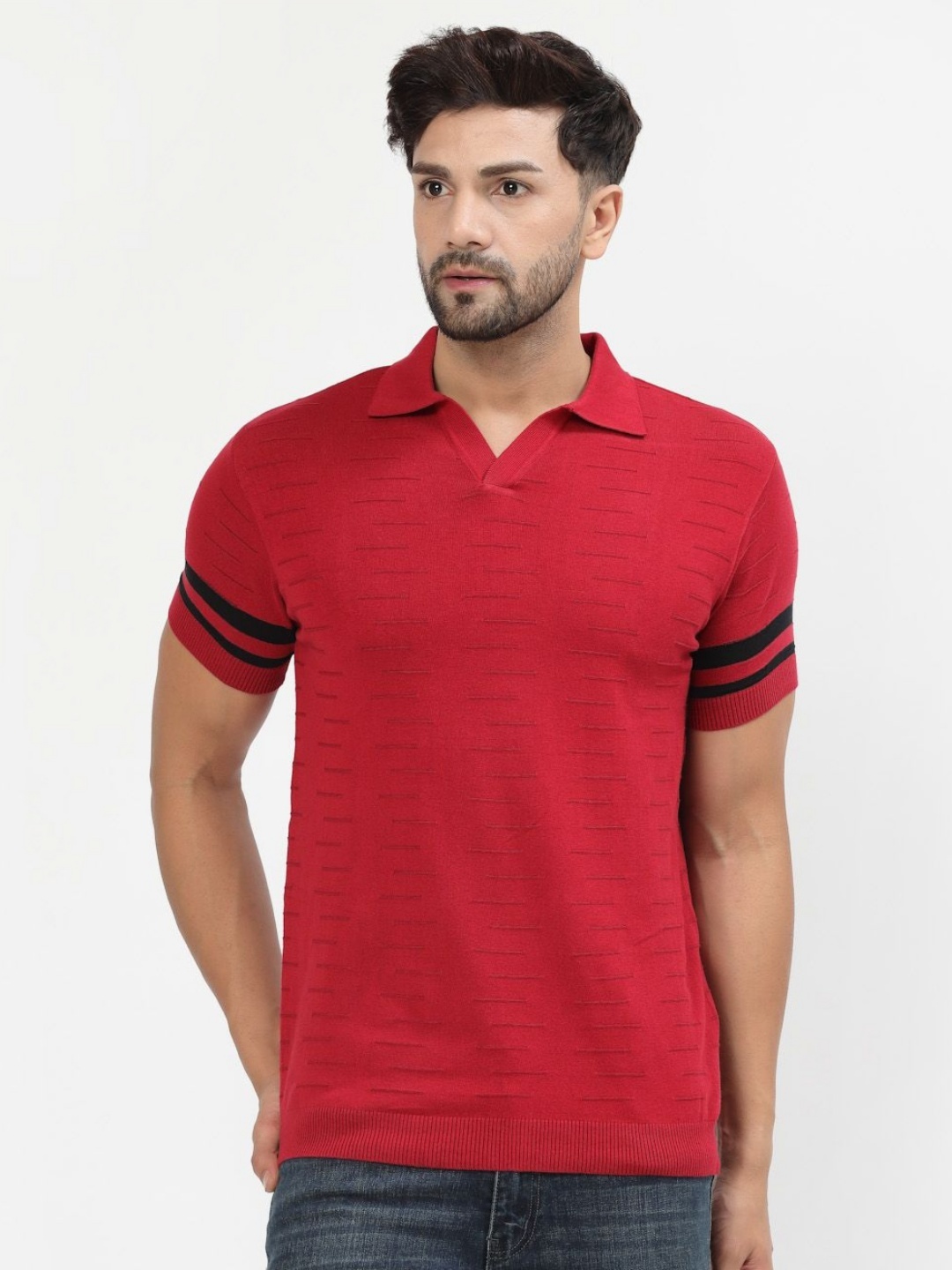 

Kalt Men Structure Knit Polo T-Shirt, Red