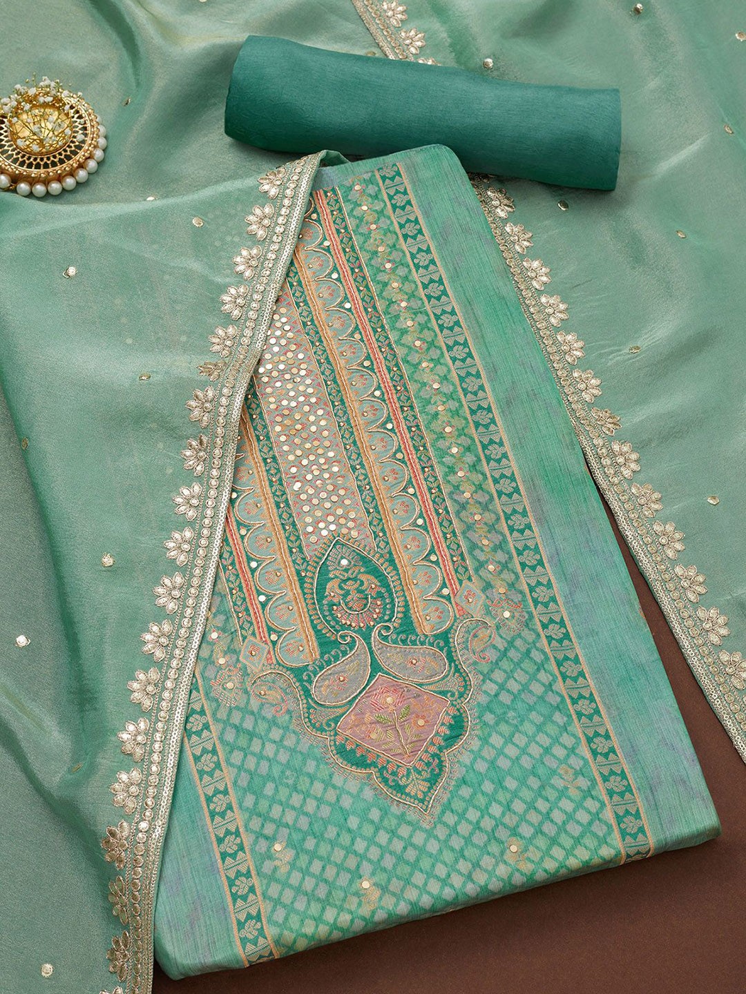 

Soch Floral Woven Design Beads & Stones Unstitched Dress Material, Green